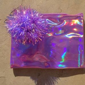 Purple Holographic Tinsel Pom-Pom Party Y2K Pencil Pouch Clutch Makeup Bag